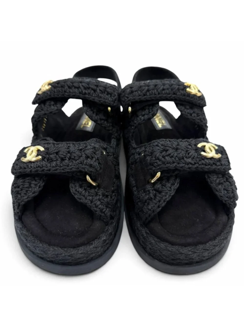 Chanel Suede Leather CC Logo Velcro Knit Sandals Black